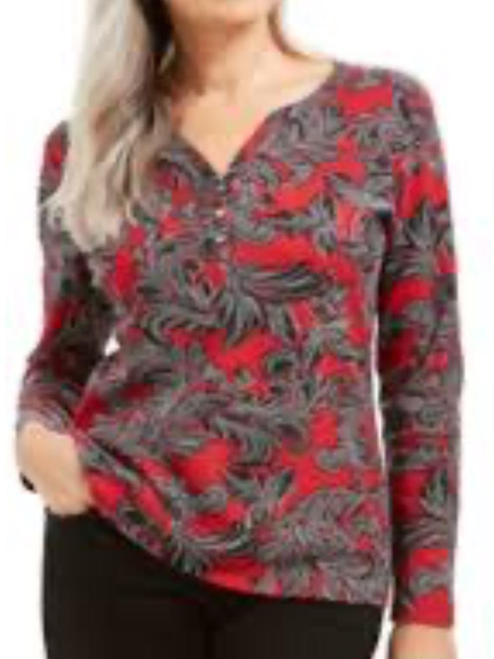 Karen Scott Red Scrolls Henley Top features 3-Buttons Sz XL